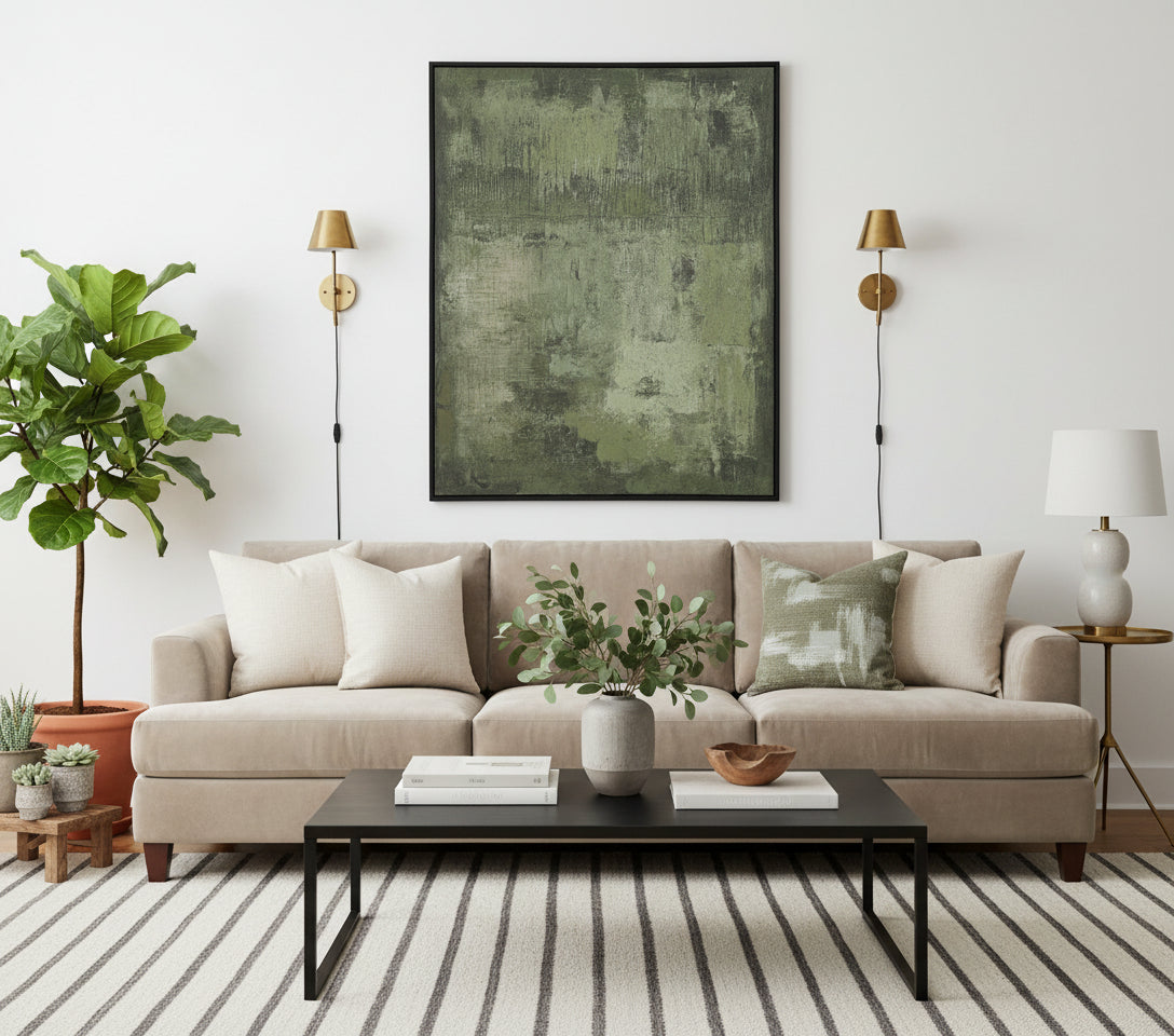 Textured green rug with a black frame on a white background, featuring the brand 'Vanik Living'.