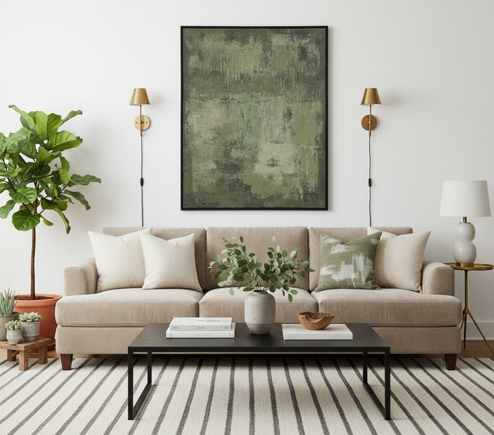 Textured green rug with a black frame on a white background, featuring the brand 'Vanik Living'.