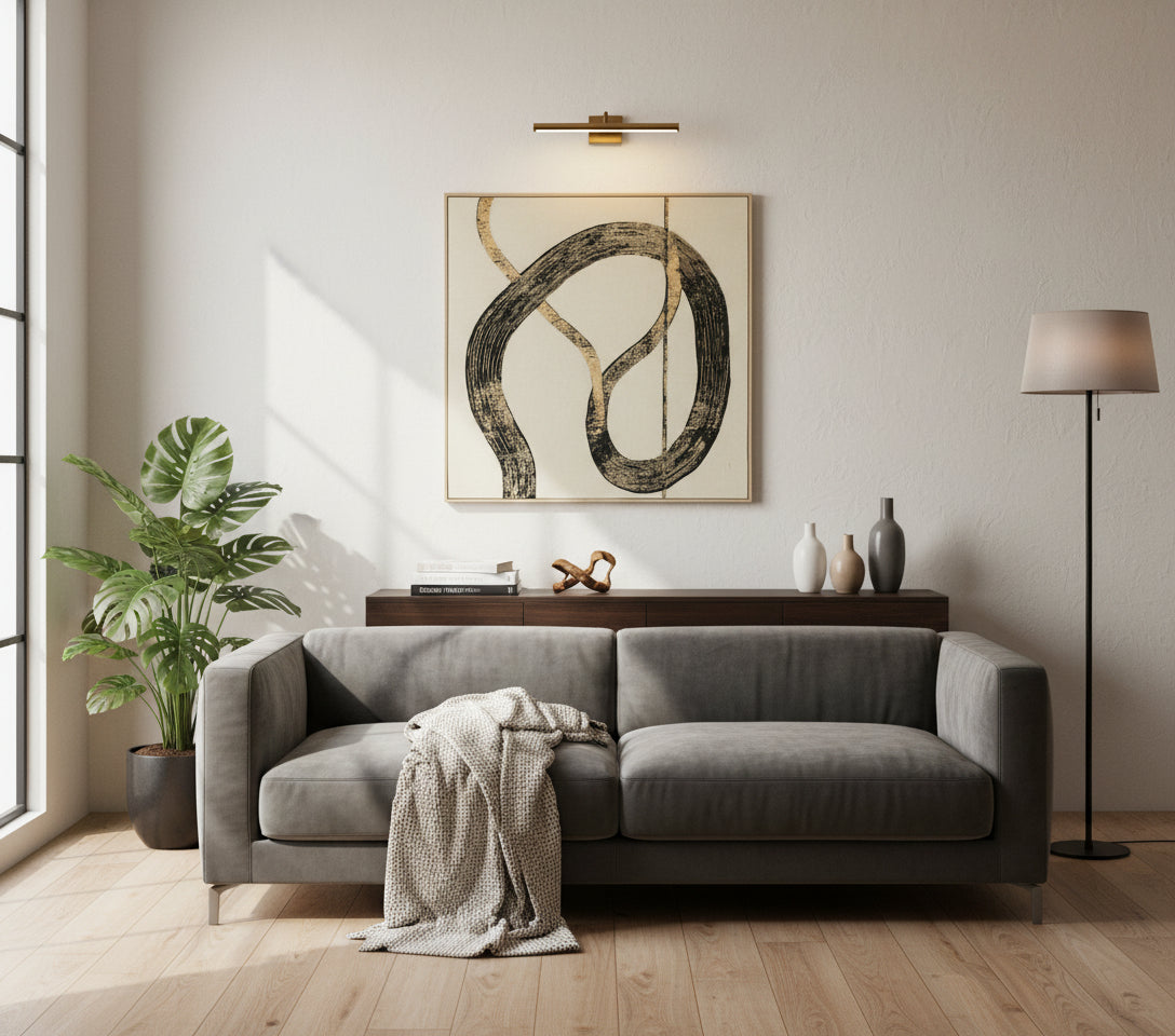 Decorative wall art with abstract design and 'Vanik Living' branding on a beige background