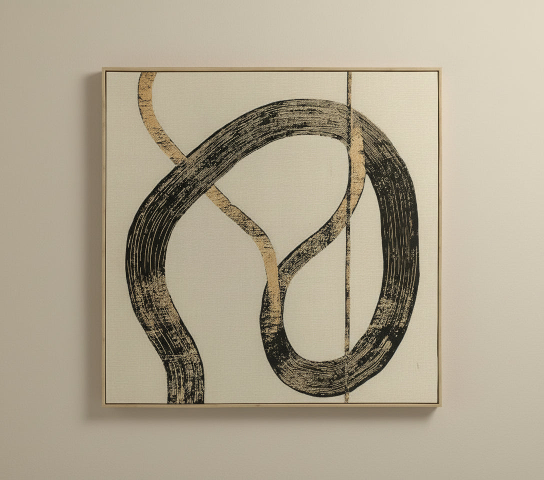 Decorative wall art with abstract design and 'Vanik Living' branding on a beige background
