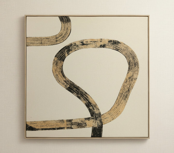 Abstract art piece with curved lines on a beige background, featuring the brand 'Vanik Living'.