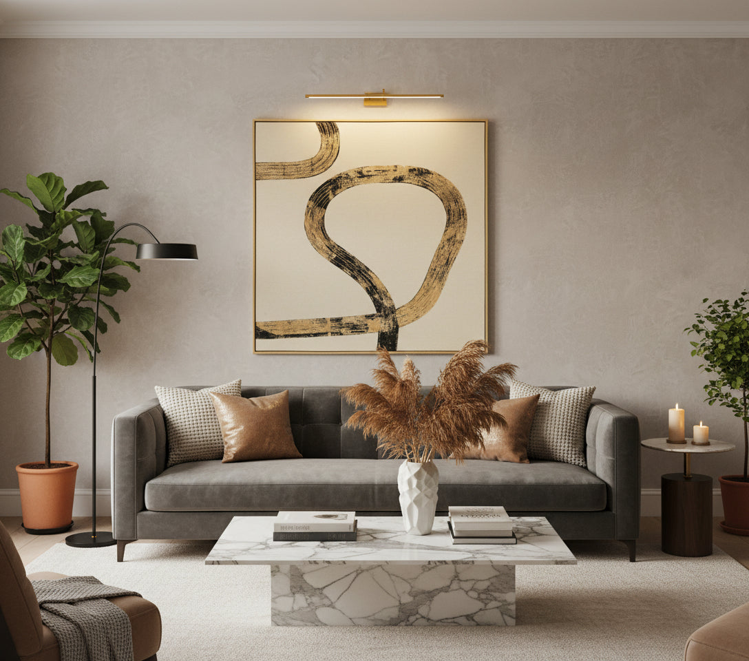 Abstract art piece with curved lines on a beige background, featuring the brand 'Vanik Living'.