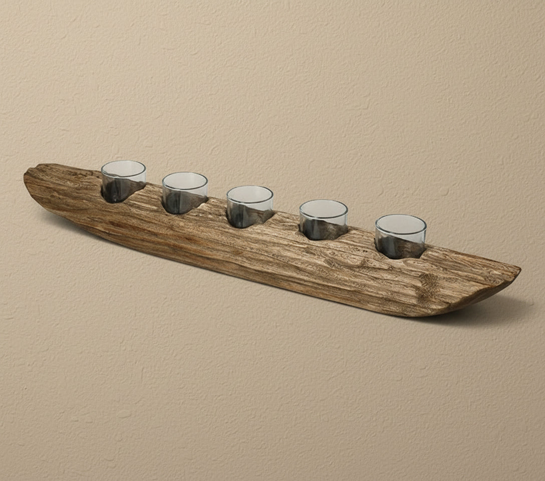 Wooden tray with five glass candle holders on a white background, featuring the brand 'Vanik '.iving