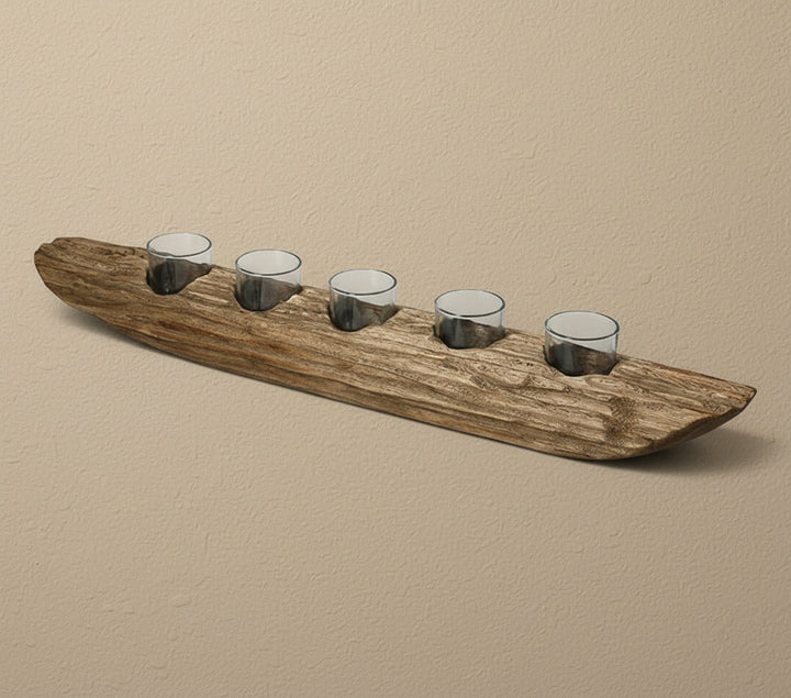 Wooden tray with five glass candle holders on a white background, featuring the brand 'Vanik '.iving