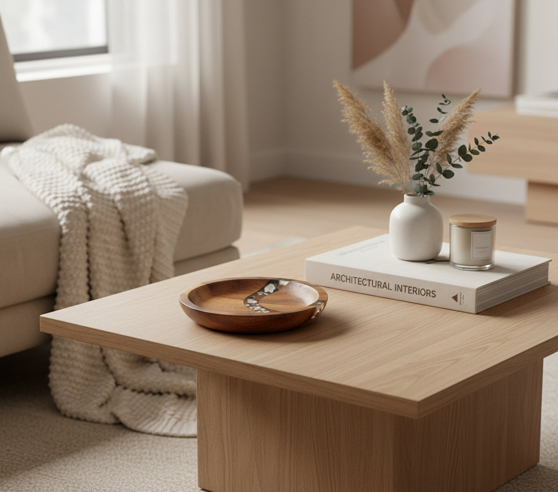 Wooden plate with decorative inlay on a white background, featuring the brand 'vanik living'.