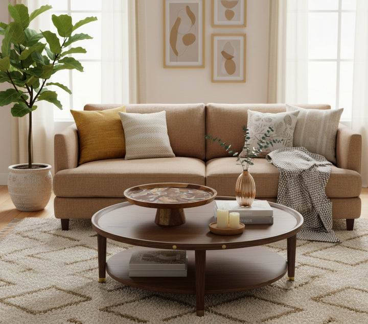 Wooden cake stand with mosaic top on a white background, featuring the brand 'Vanik Living'.