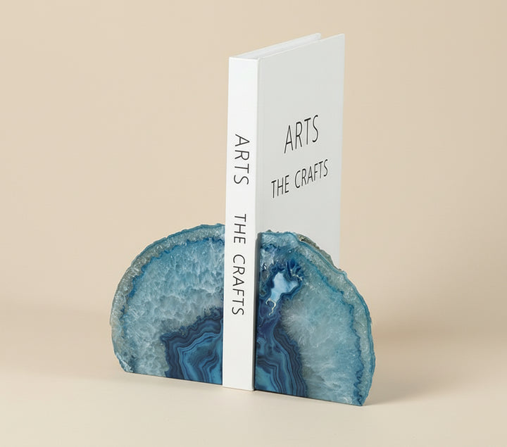Bookend with blue agate stone design on a white background, featuring the brand 'Vanik Living'.