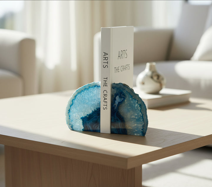 Bookend with blue agate stone design on a white background, featuring the brand 'Vanik Living'.