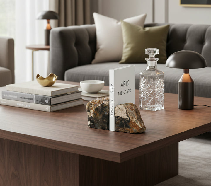 Bookend with natural stone design on a white background, featuring the brand 'Vanik Living'.