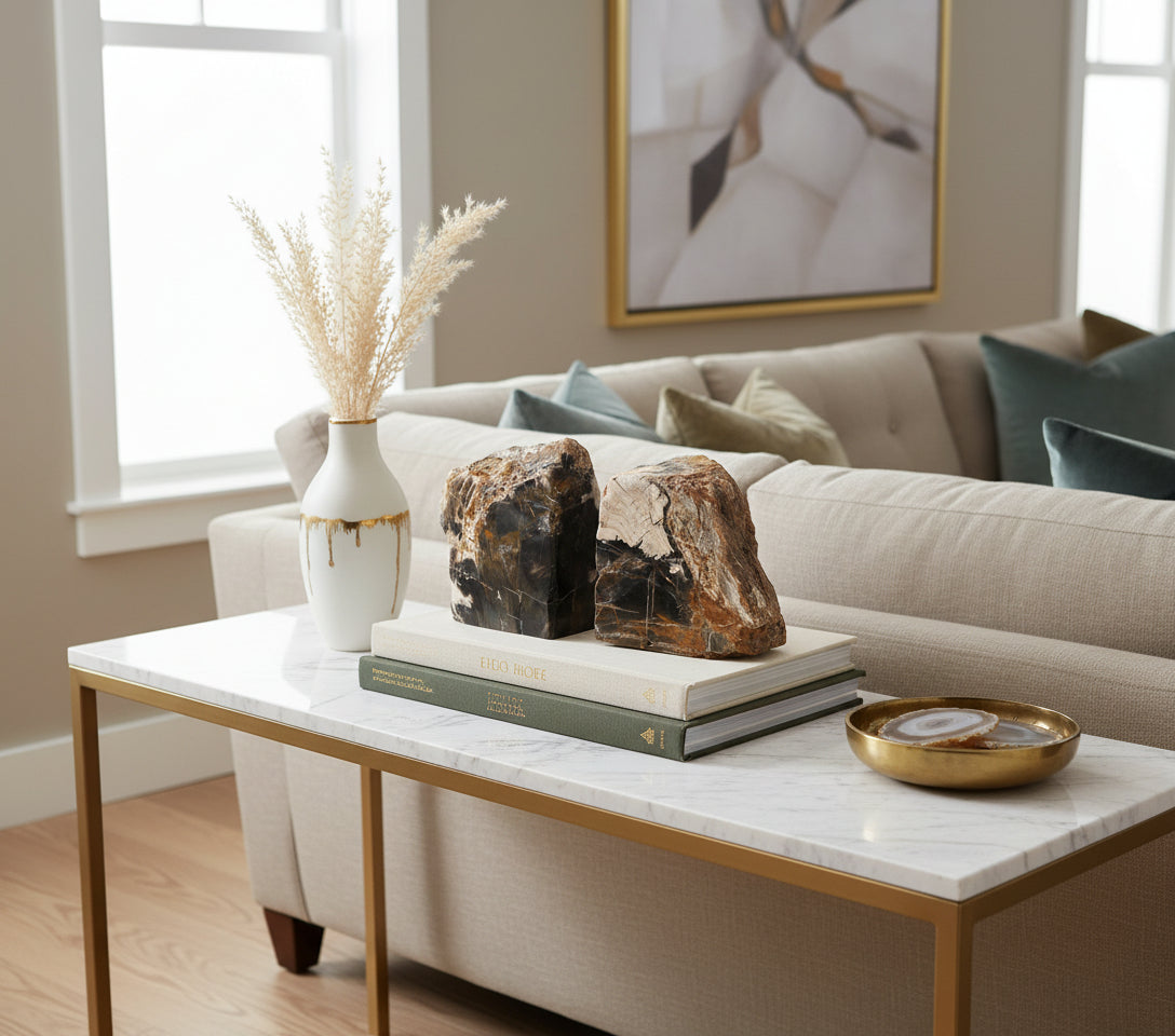 Two fossilized wood blocks on a white background with 'Vanik Living' branding.