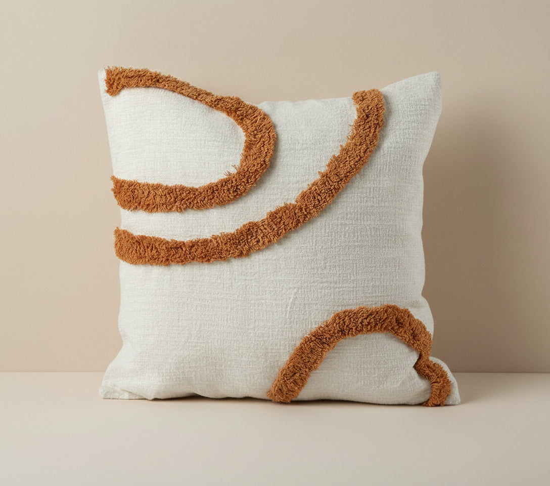 Decorative pillow with brown trim on a white background, featuring the brand 'Vanik Living'.